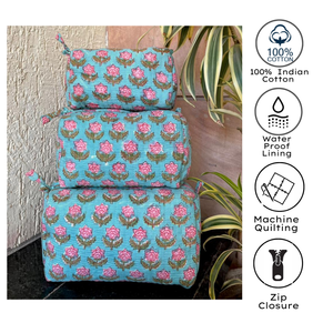 Juego de neceseres de algodón acolchado con estampado floral azul y rosa de Jaipur, con cierre de cremallera multifunción, forro de PVC, duradero. - Product Image 3