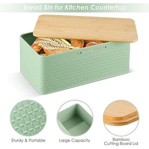 Boîte à pain en métal vert sauge avec couvercle en bambou, boîte à pain rectangulaire avec trous d'aération pour le stockage des aliments dans la cuisine - Product Image 2