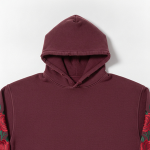 Sudadera con capucha para hombre, color borgoña, con bordado floral de rosas, estilo desgastado, informal, con bolsillos, para otoño. - Product Image 4