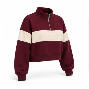 เสื้อสเวตเชิ้ตครอปทรงหลวมสำหรับผู้หญิง สีแดงเบอร์กันดีเข้ม คอตั้ง ซิปครึ่งตัว ผ้าคอตตอนหวีอย่างดี รุ่น WHZCROP-0005 ปรับแต่งได้ - Product Image 4