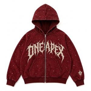 Sudadera con capucha y cremallera para hombre, color burdeos, con lavado ácido, estampado gráfico de estrellas, estilo oversize, ropa urbana, fabricante de ropa personalizada - Product Image 4