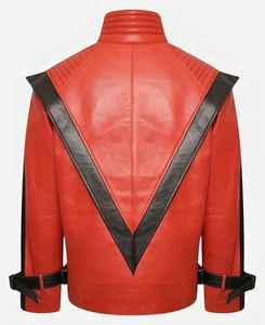 <b>Men's</b> <b>Red</b> <b>Leather</b> Moto <b>Jacket</b> With Black Trim Stand Collar Winter Outerwear - Product Image 4