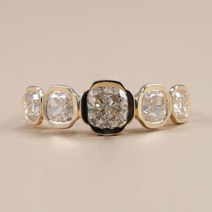 Luxury Cushion Cut Diamond Five Stone <b>Ring</b> Bezel Set Lab Grown 14K Yellow Gold For Unisex Wedding Wishes Gift For Friends - Product Image 1
