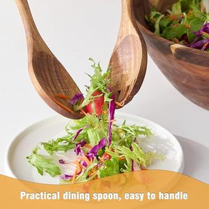 Saladiers en bois avec ustensiles de service, grands bols en bois d'acacia de 12,5 pouces pour mélanger les aliments, faits à la main, élégants, en bois naturel - Product Image 2