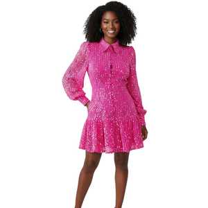 Women Pink Sequin <b>Mini</b> Dress Long Sleeve Party Cocktail Glam Sparkle Evening Birthday Outfit Clubwear Reception Maxi Gown Wear - Product Image 2