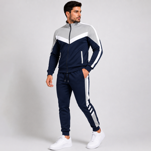 Survêtements sportifs blancs de haute qualité pour hommes, manches longues, fermeture éclair, blocs de couleur, poches latérales, respirants, coupe régulière, pour le printemps - Product Image 6