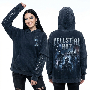 Sudadera con Capucha Gris Oscuro con Lavado Ácido para Mujer, Estampado de Galaxia Celestial y Constelaciones, Mapa de Estrellas con Esqueletos, Estilo Urbano, Oversize - Product Image 1