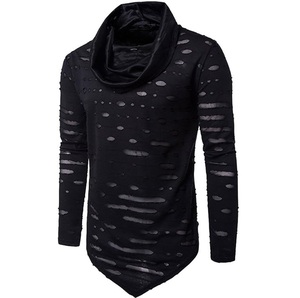 High Quality Vintage Men Distressed Hoodie Breathable Blank Streetwear Winter Distress Cut Out Pullover Elongated Hoodies - Product Image 4