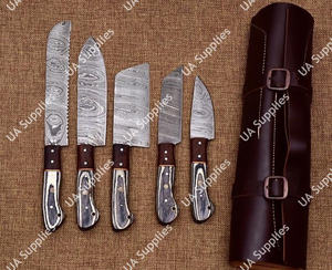 Ensemble de couteaux de chef en acier Damas, 5 pièces, manche intégral, forgés à la main, ultra-affûtés, ergonomiques, manches en bois Pakka OEM - pour un usage quotidien et le camping - Product Image 3