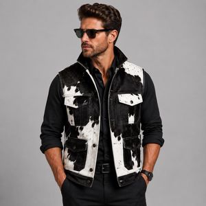 Gilet en cuir de vachette marron et blanc pour homme, col montant, décontracté, épais, patchwork, en cuir véritable, simple boutonnage, avec poches - Product Image 4