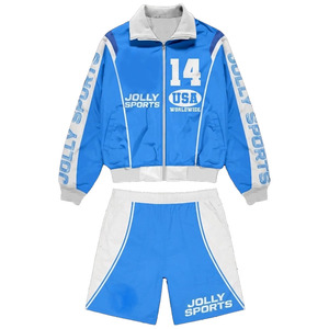 Men windbreaker short set polyester lightweight blue <b>white</b> <b>panel</b> design digital print custom logo Windbreaker Shorts Set for Mes - Product Image 1