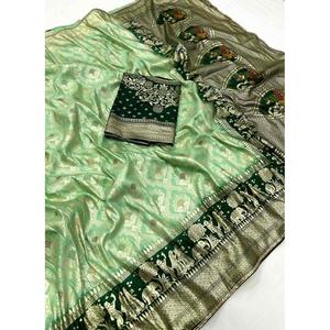 GREEN CLUB PARTY WEAR MUSELINA SEDA ZARI WORK SAREE con BLUSA DESCOSTADA ROPA - Product Image 1