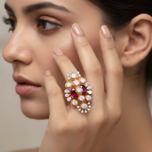 Anillo de Cóctel Grande con Racimo Floral de Diamantes y Rubíes en Oro de Lujo para Mujer, Regalo de Joyería para Boda - Product Image 3