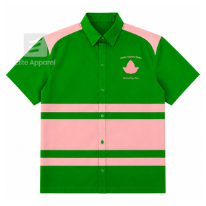Chemise boutonnée personnalisée Alpha Kapa Alpha avec logo brodé sur le devant, rayée rose et verte, pour femme, vêtements grecs. - Product Image 1