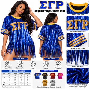 Gold Blue Personalized Sigma Gamma Rho Sgrho Tassel <b>Sequin</b> Jersey Sequined Dress Costume Loose <b>Bandeau</b> Fringed Crew Neck <b>Top</b> Tee - Product Image 6