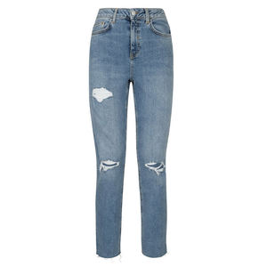 Jeans ajustados de cintura media, transpirables, ecológicos, rasgados, de mezclilla azul desgastada, de largo completo, talla grande, casuales, de pierna recta para mujer - Product Image 2