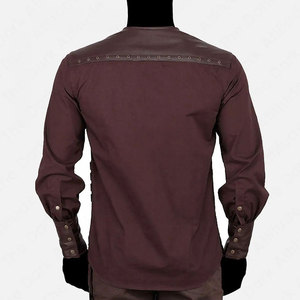 Factory Supplies <b>Men's</b> Gothic Shirt Vintage Cotton Blend Soft Fabric Faux Leather Patchwork Top Long Sleeve D-Ring Outfit - Product Image 2