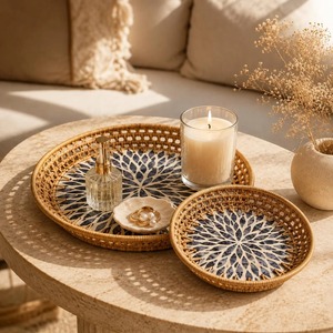 Plateau en rotin coloré, plateau créatif pour fruits et pain, pour service à thé, décoration intérieure, boîte de rangement, décoration de bureau, épices de table - Product Image 1