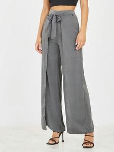 Pantalones de Cintura Alta y Pierna Ancha con Cierre de Lazo, Color Gris Sólido, Corte Holgado, Largos, Casuales, para Mujer, Estilo Primavera - Product Image 1