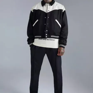 Veste universitaire homme noire et blanche à blocs de couleur, col rabattu, manches classiques, tenue décontractée d'automne, logo imprimé sur le bas - Product Image 1