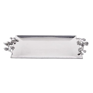 Plateau décoratif ovale en argent avec poignée en bambou, motif végétal, artisanat traditionnel en métal, emballage individuel - Product Image 3