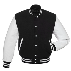 Men's Black Bomber <b>Jacket</b> <b>Leather</b> Sleeves Woolen Body Stand Collar Zipper Closure <b>Winter</b> Thick Cotton Lining Moto Style - Product Image 5