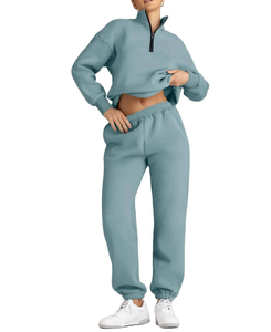 Ensemble sweat à capuche demi-zip et pantalon de jogging en coton tricoté pour femme, couleur unie, coupe classique, séchage rapide, idéal pour l'hiver - Product Image 6
