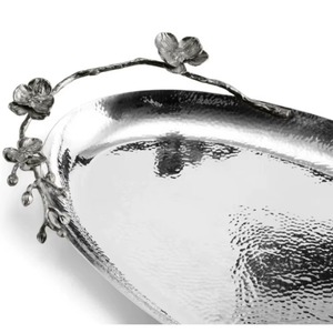 Traditional Design Antique Weathering Finish Single-Piece Package Oval Silver Decorative <b>Tray</b> with Floral Handle - Product Image 5