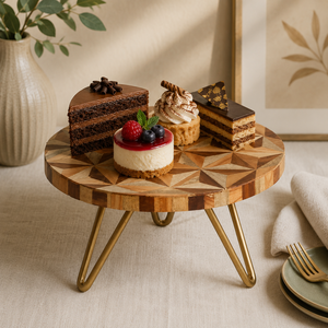 Support à gâteau en bois rond, présentoir à desserts, motif géométrique, pieds en métal, adapté pour les fêtes, les mariages, les pâtisseries, les cafés, les restaurants - Product Image 1