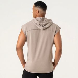 เสื้อกล้ามมีฮู้ดผู้ชายคุณภาพสูง สีเบจล้วน แบบถัก สไตล์ลำลอง - Product Image 3