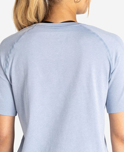 Camiseta de Yoga de Manga Corta con Cuello Redondo Azul Claro para Mujer, Transpirable, de Secado Rápido, de Poliéster, para Fitness, Corte Regular, Color Sólido, MOQ Bajo - Product Image 3