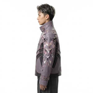 Men Japan Style <b>Real</b> <b>Leather</b> <b>Jacket</b> With Hand Embroidered Floral Pattern Stand Collar Zipper Front - Product Image 4