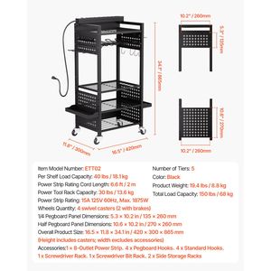 "5-Tier Rolling <b>Tool</b> <b>Cart</b> with 8 AC Outlets Floor Stand Drill Holder Cloth Battery Storage Rack" - Product Image 4