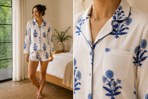 Custom Eco-Friendly Quick Dry Floral Printed Cotton Sleepwear Set Women Long Sleeve Button Front Top Shorts <b>Pyjamas</b> Soft - Product Image 4