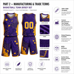 Conjunto de Camiseta de Baloncesto Geométrica Morada y Amarilla para Hombre, sin Mangas, Cuello en V, Transpirable, Ropa Deportiva para Todas las Temporadas, Impresión Sublimada - Product Image 3