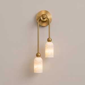 Applique murale moderne en laiton à deux lumières, plaque arrière ronde, abat-jour cylindrique en marbre, luminaire mural intérieur, lampe personnalisée - Product Image 1