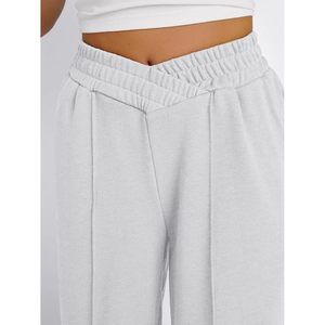 Women's High Waist Wide Leg Knitted Pants Solid Gray Loose Fit Elastic Waist Casual Full Length Autumn Wear - Product Image 5