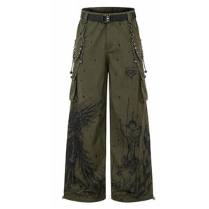 <b>Gothic</b> Wide Leg Cargo Pants Men High Waist Printed Heart Pattern Elastic Waist Canvas Street Style Breathable Autumn Pants - Product Image 5