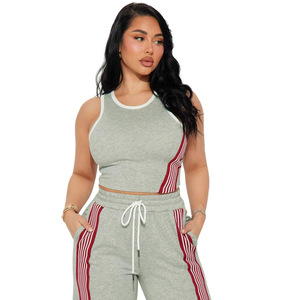 Women Plus Size Tracksuit Sleeveless <b>Crop</b> <b>Top</b> And Wide Leg Sweatpants With <b>Red</b> Stripe Casual Two Piece Set Spring Gray - Product Image 3
