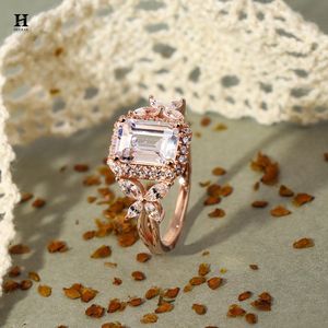 Anillo de Compromiso de Lujo con Diamante Cultivado en Laboratorio, Corte Esmeralda, Oro Rosa, Halo, Marquesa, Piedras Laterales Florales, Anillo de Boda - Product Image 4