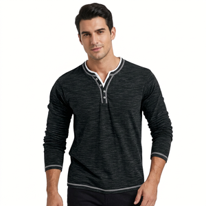 <b>Men's</b> Long Sleeve Polyester Henley T-<b>Shirt</b> V-Neck Contrast Trim Front Casual Knitted Solid Color Regular Fit Button-Up <b>Stretch</b> - Product Image 1