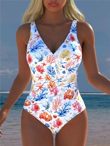 Traje de Baño Entero Sexy para Mujer, Talla Grande, Color Sólido, Bikini Sexy con Cuello en V Profundo, Color Degradado, Diseño Drapeado y Elástico - Product Image 5