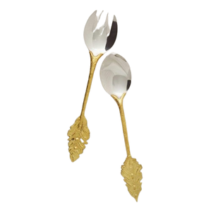 Juego de Cubiertos de Acero Inoxidable con Asas de Hoja de Oro de Lujo, Elegante Juego de Cuchara y Tenedor para Ensalada, Cubertería Premium para Bodas y Fiestas - Product Image 1