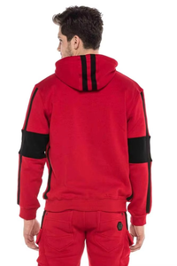 Men's Red Hooded Zip-Up Sweatshirt With Black Accents Casual Autumn Wear Regular Fit French Terry <b>Fabric</b> - Product Image 4