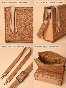 Sac messager pour femme en cuir véritable fait main, avec motif floral embossé et pompon, style vintage western - Product Image 3