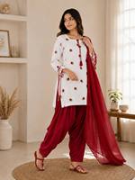 Setelan Salwar Etnik India Bordir Bunga Modern Wanita, Anti Kusut, Dapat Dibalik, 3 Potong, Model Punjabi