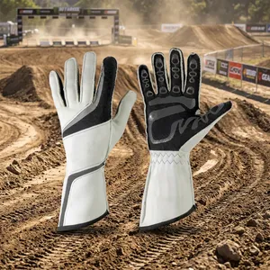 Gants de karting unisexes à doigts entiers en cuir beige et noir, antidérapants, pour la conduite en extérieur, style à enfiler - Product Image 5