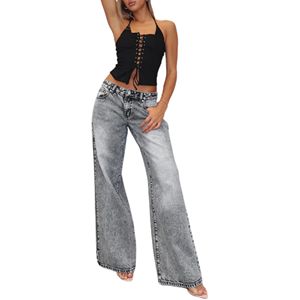 Pantalones vaqueros antiarrugas de pierna recta de cintura alta para mujer, pantalones vaqueros informales transpirables con botones delanteros holgados para verano - Product Image 6