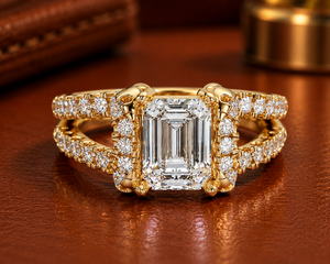 Magnificent Halo Engagement <b>Rings</b> 14K Pure Gold <b>Emerald</b> Cut Lab Grown Diamond IGI Certified Split Shank Bridal Wedding <b>Rings</b> - Product Image 1
