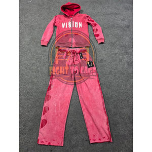 Conjunto de chándal estilo flare para parejas, personalizado para el Día de San Valentín, lavado ácido, color rojo, para hombre, 100% algodón, sudadera con capucha y pantalones flare. - Product Image 1